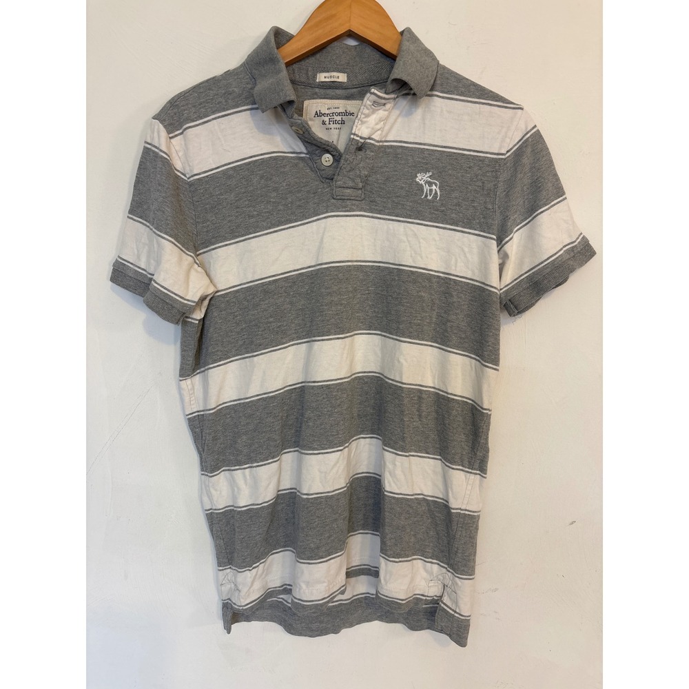 Abercrombie & Fitch Mens Muscle Fit Polo Shirt Large Grey White Striped Logo